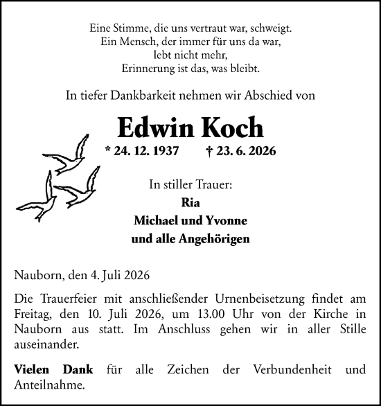 Traueranzeige von Edwin Koch von Wetzlarer Neue Zeitung