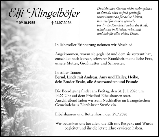 Traueranzeige von Elfi Klingelhöfer von Dill Block