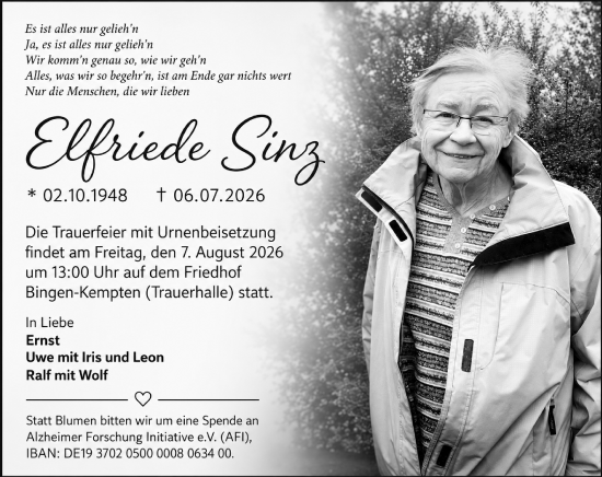 Traueranzeige von Elfriede Sing von Allgemeine Zeitung Rheinhessen-Nahe