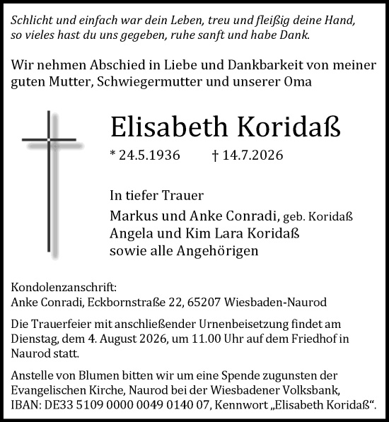 Traueranzeige von Elisabeth Koridaß von Wiesbadener Kurier