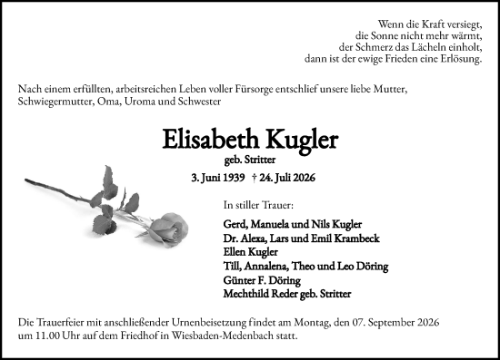 Traueranzeige von Elisabeth Kugler von Wiesbadener Kurier