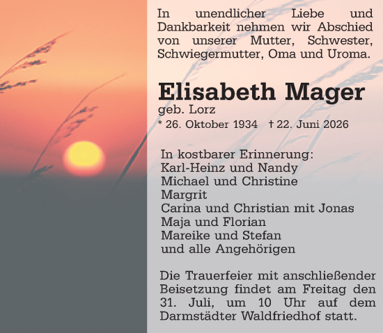 Traueranzeige von Elisabeth Mager von Darmstädter Echo