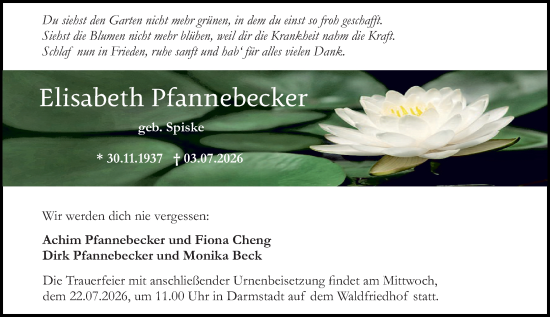 Traueranzeige von Elisabeth Pfannebecker von Darmstädter Echo