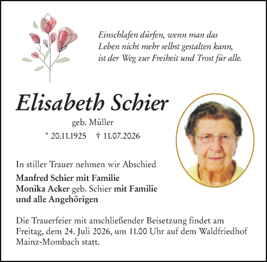 Traueranzeige von Elisabeth Schier von Allgemeine Zeitung Mainz