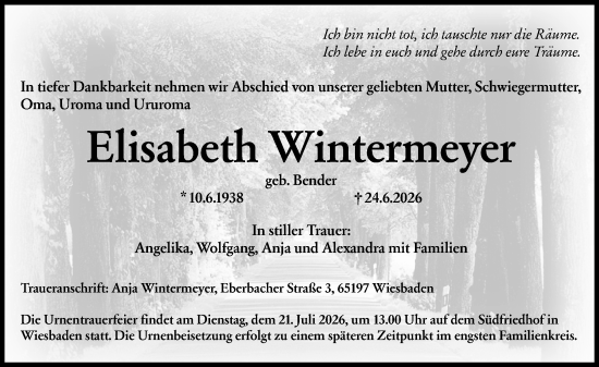 Traueranzeige von Elisabeth Wintermeyer von Wiesbadener Kurier