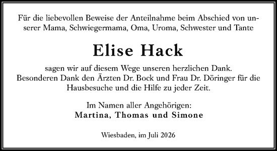 Traueranzeige von Elise Hack von Wiesbadener Kurier