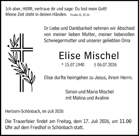 Traueranzeige von Elise Mischel von Dill Block