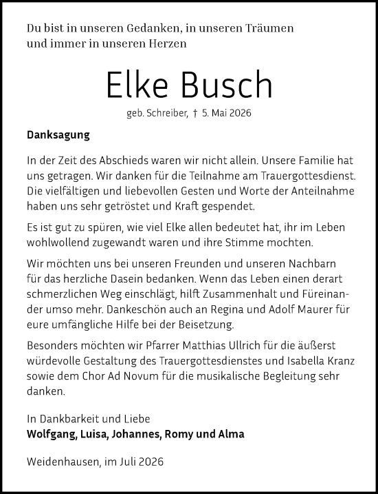 Traueranzeige von Elke Busch von Hinterländer Anzeiger