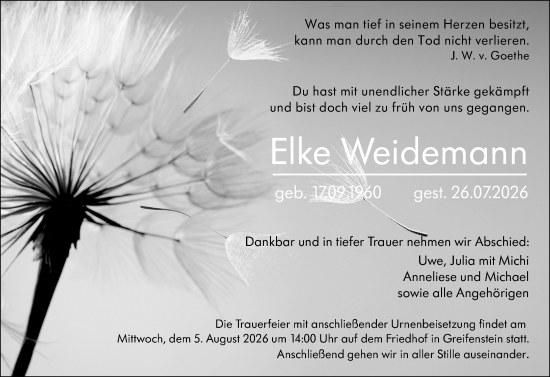 Traueranzeige von Elke Weidemann von Wetzlarer Neue Zeitung