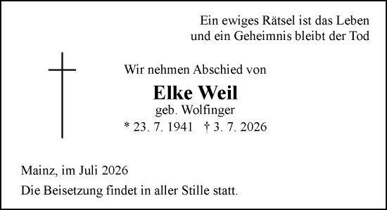 Traueranzeige von Elke Weil von Allgemeine Zeitung Mainz