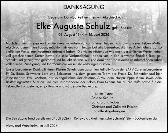 Traueranzeige von Elke Auguste Schulz von Allgemeine Zeitung Alzey