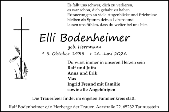 Traueranzeige von Elli Bodenheimer von Idsteiner Land/Untertaunus