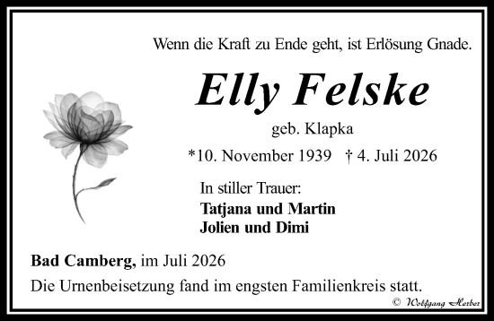 Traueranzeige von Elly Felske von Camberger Anzeiger