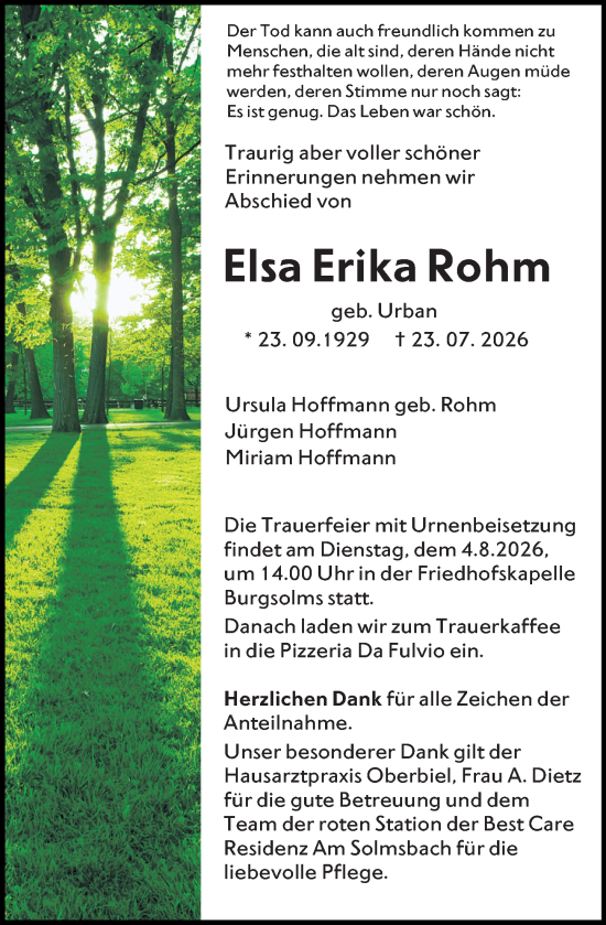 Traueranzeige von Elsa Erika Rohm von Wetzlarer Neue Zeitung