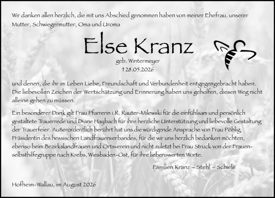 Traueranzeige von Else Kranz von Wiesbadener Kurier
