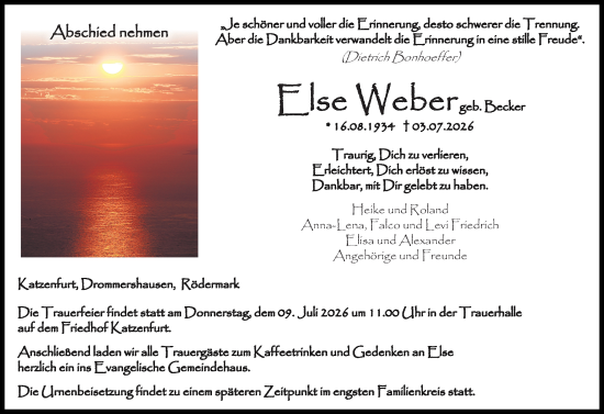 Traueranzeige von Else Weber-Becker von Wetzlarer Neue Zeitung