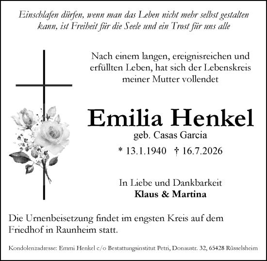 Traueranzeige von Emilia Henkel von Rüsselsheimer Echo
