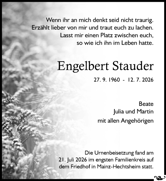 Traueranzeige von Engelbert Stauder von Allgemeine Zeitung Mainz