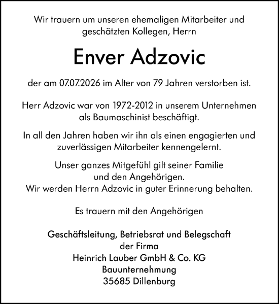Traueranzeige von Enver Adzovic von Dill Block
