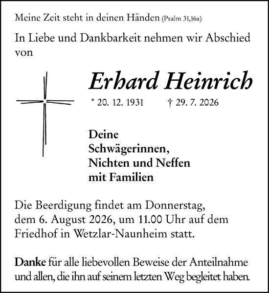Traueranzeige von Erhard Heinrich von Wetzlarer Neue Zeitung