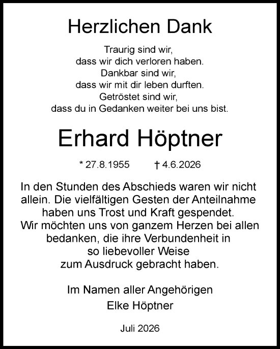 Traueranzeige von Erhard Höptner von Darmstädter Echo