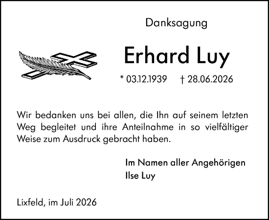 Traueranzeige von Erhard Luy von Hinterländer Anzeiger