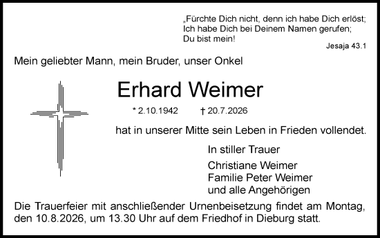 Traueranzeige von Erhard Weimer von Dieburger Anzeiger/Groß-Zimmerner Lokal-Anzeiger