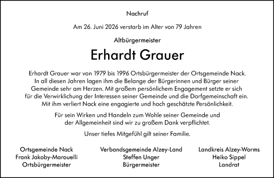 Traueranzeige von Erhardt Grauer von Allgemeine Zeitung Alzey