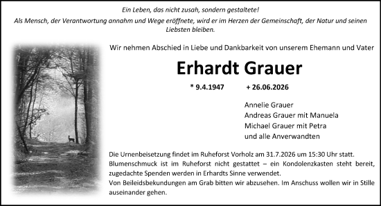 Traueranzeige von Erhardt Grauer von Allgemeine Zeitung Alzey