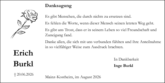 Traueranzeige von Erich Burkl von Allgemeine Zeitung Mainz