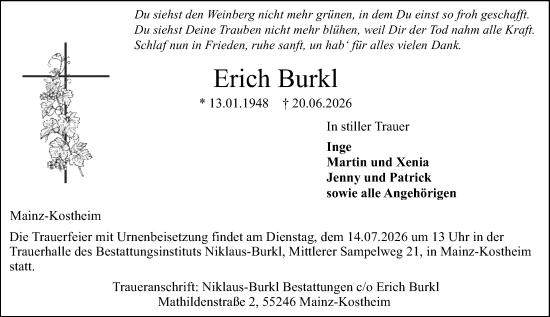 Traueranzeige von Erich Burkl von Allgemeine Zeitung Mainz