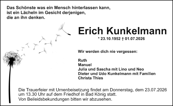 Traueranzeige von Erich Kunkelmann von Odenwälder Echo