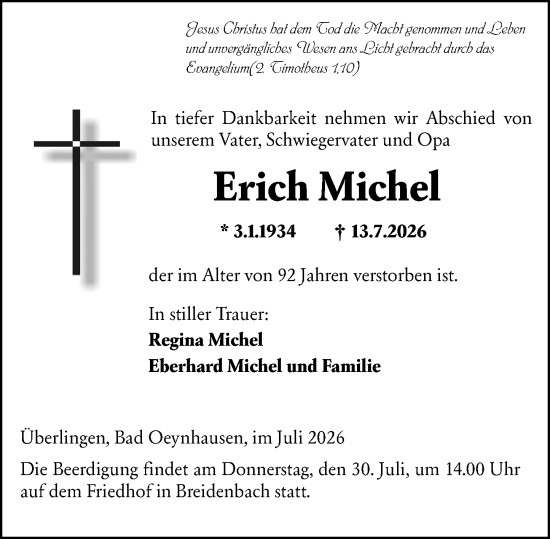 Traueranzeige von Erich Michel von Hinterländer Anzeiger