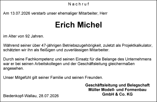 Traueranzeige von Erich Michel von Hinterländer Anzeiger