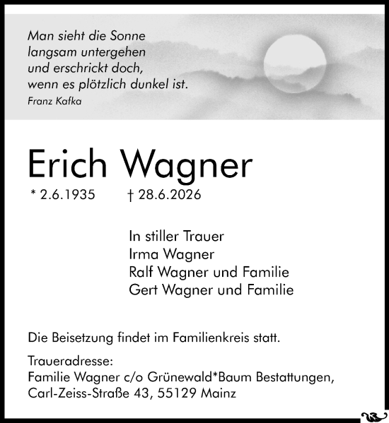 Traueranzeige von Erich Wagner von Allgemeine Zeitung Mainz
