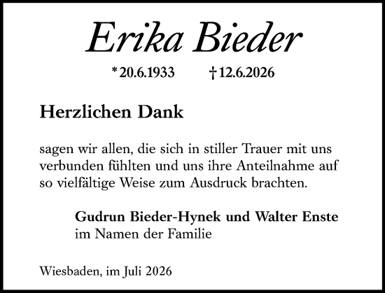 Traueranzeige von Erika Bieder von Wiesbadener Kurier