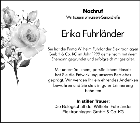 Traueranzeige von Erika Fuhrländer von Weilburger Tageblatt