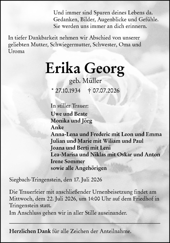 Traueranzeige von Erika Georg von Dill Block