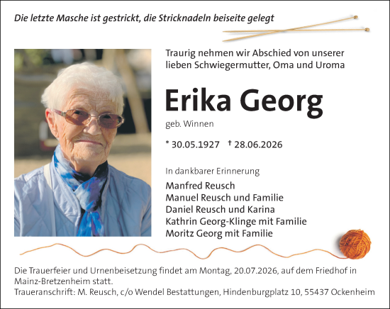 Traueranzeige von Erika Georg von Allgemeine Zeitung Mainz