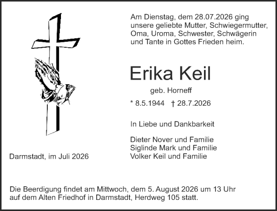 Traueranzeige von Erika Keil von Darmstädter Echo