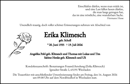 Traueranzeige von Erika Klimesch von Wiesbadener Kurier