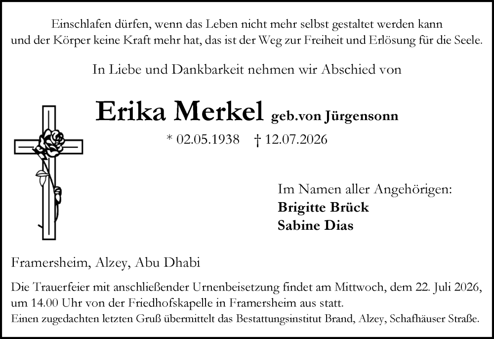  Traueranzeige für Erika Merkel vom 18.07.2026 aus Allgemeine Zeitung Alzey