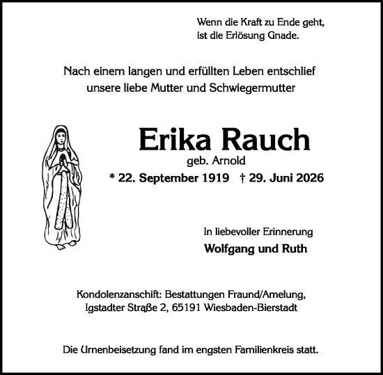 Traueranzeige von Erika Rauch von Wiesbadener Kurier