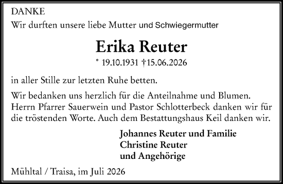 Traueranzeige von Erika Reuter von Darmstädter Echo
