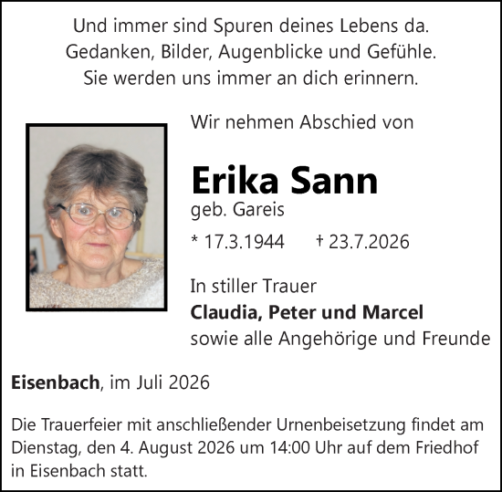 Traueranzeige von Erika Sann von Camberger Anzeiger