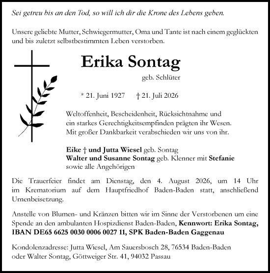 Traueranzeige von Erika Sontag von Allgemeine Zeitung Mainz