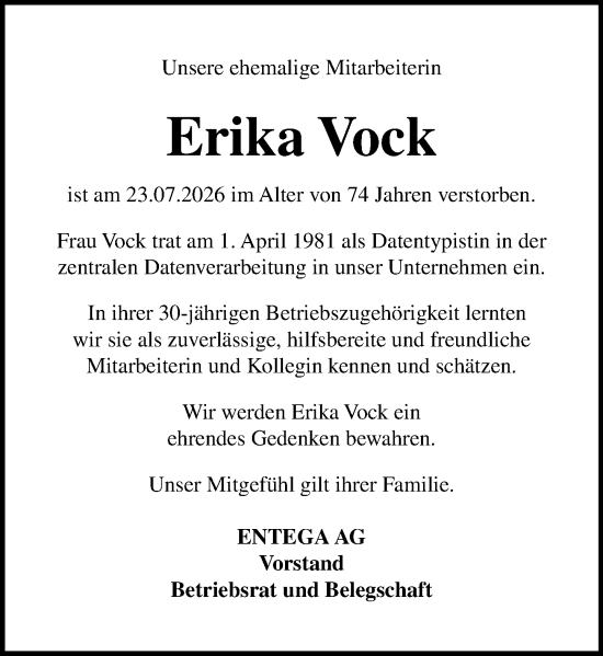 Traueranzeige von Erika Vock von Odenwälder Echo