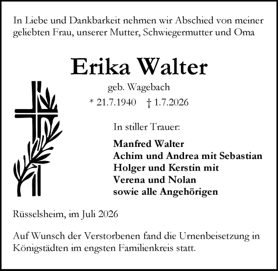 Traueranzeige von Erika Walter von Rüsselsheimer Echo