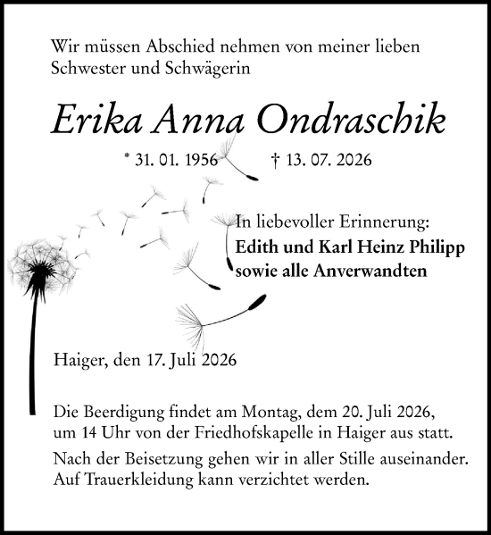 Traueranzeige von Erika Anna Ondraschik von Dill Block