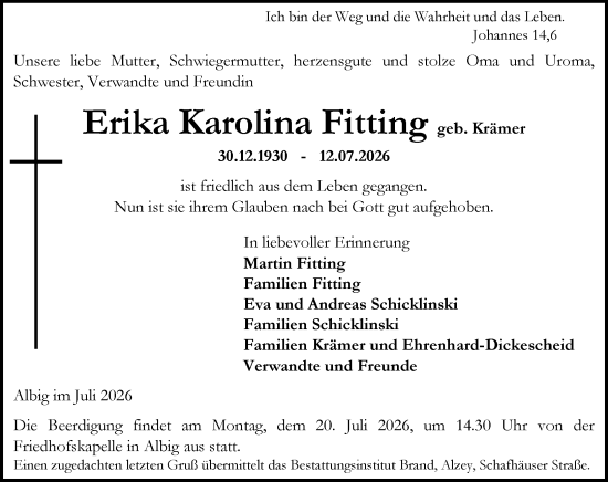 Traueranzeige von Erika Karolina Fitting von Allgemeine Zeitung Alzey